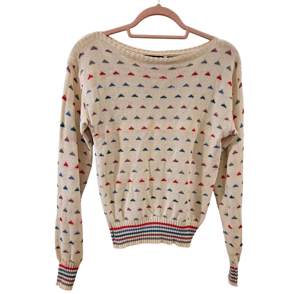 Vintage Granny Sweater Cream & Rainbow‎ Geometric Triangles Retro 70s Womens L